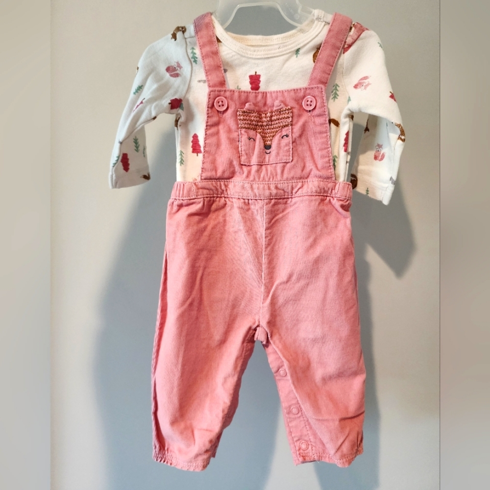 2pc set - pink corduroy overalls with fox decal and matching under shirt